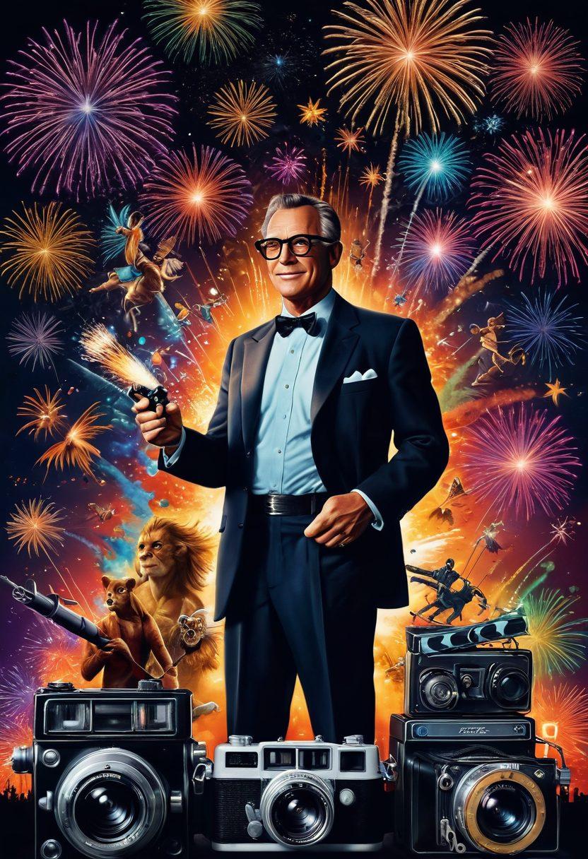 A vibrant montage depicting the evolution of a film legend, featuring iconic scenes from various movie roles, interspersed with dynamic film reels and vintage cameras. The legend stands joyfully at the center, surrounded by colorful fireworks and whimsical elements symbolizing adventure and success. Emphasize a sense of nostalgia and excitement with a cinematic flair. super-realistic. vibrant colors. dynamic composition.