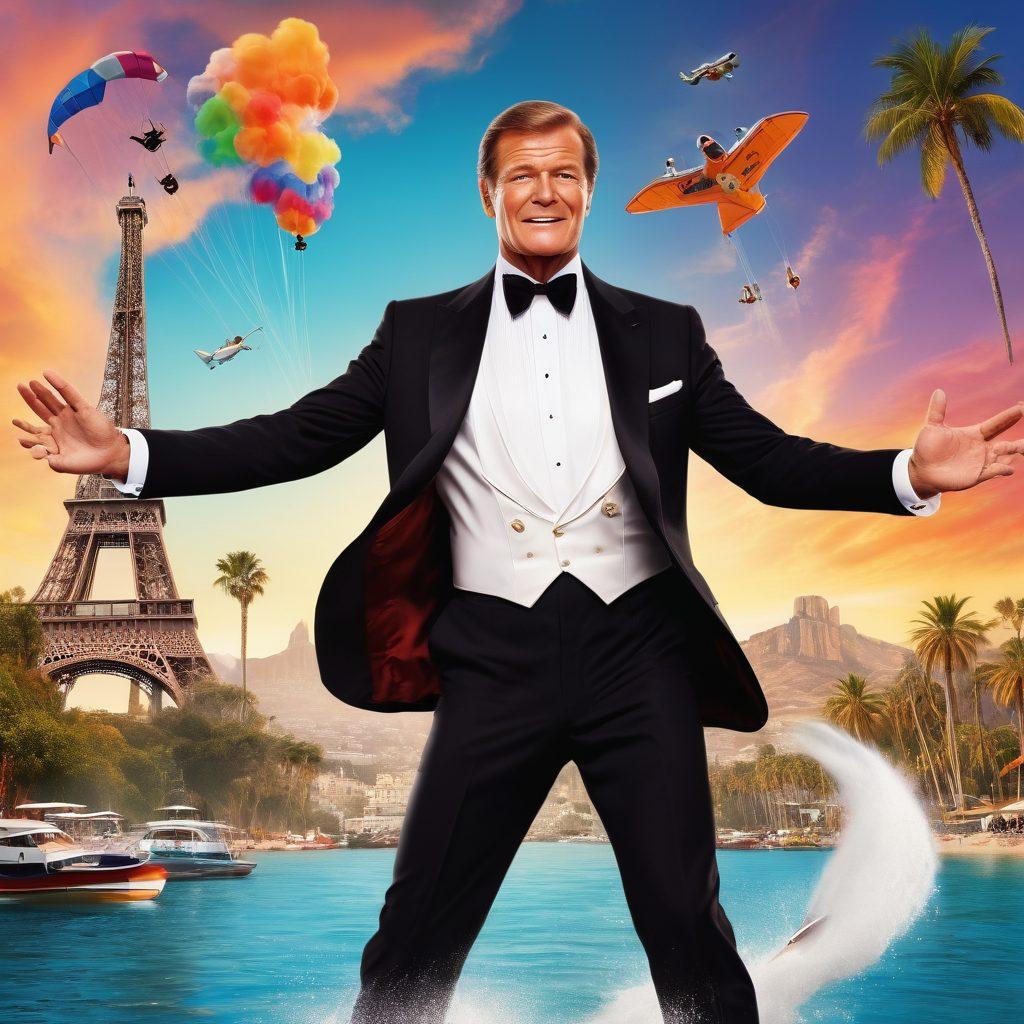 A charismatic actor resembling Roger Moore, dressed in a classic tuxedo, joyfully engaging in adventurous activities like sailing and skydiving. The background features iconic Hollywood landmarks and vibrant colors symbolizing excitement and charisma. Add elements of film reels and cameras to enhance the connection to the movie industry. super-realistic. vibrant colors. cinematic style.