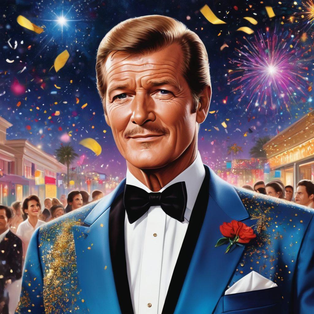 A lively scene depicting Roger Moore in a glamorous Hollywood setting, surrounded by vibrant party decorations, confetti, and bright lights. Illustrate him in an iconic tuxedo, joyfully engaging with fans and other celebrities. Capture the essence of celebration with musical notes floating in the air and a backdrop of a starry night sky. super-realistic. vibrant colors. 3D.